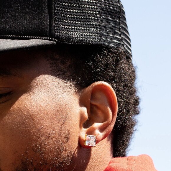 Large Square Princess Cut Yellow Gold Sterling Silver Screw Back Post Earrings - Picture 3 of 5